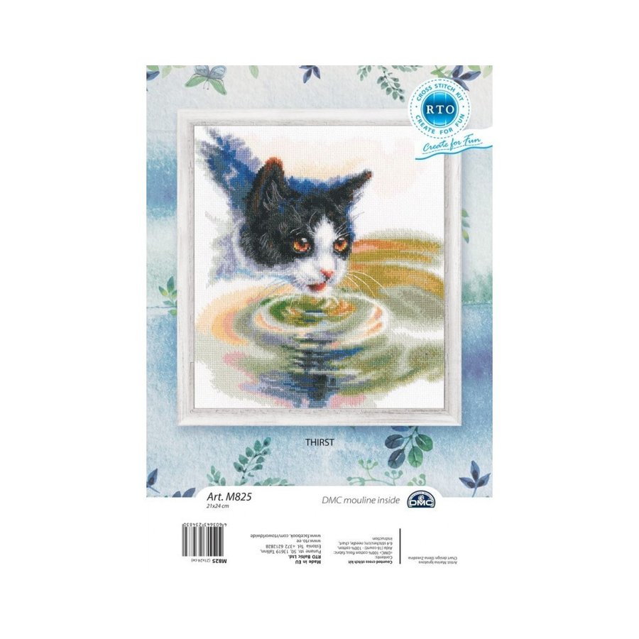 Thirst M825 Counted Cross Stitch Kit featuring Aida fabric, DMC threads, and included accessories.