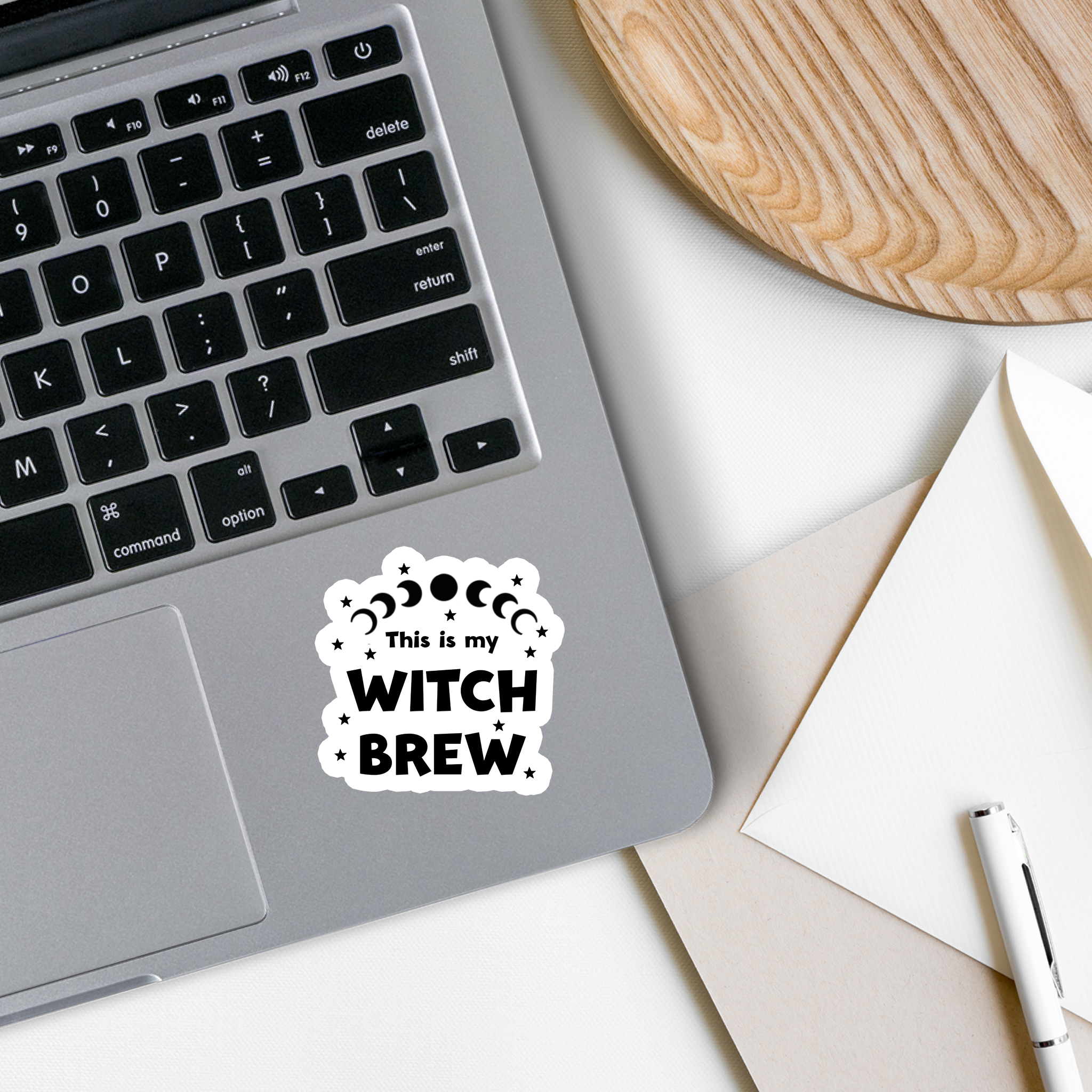 This Is My Witch Brew Vinyl Sticker on a white background, showcasing its vibrant design and matte finish.