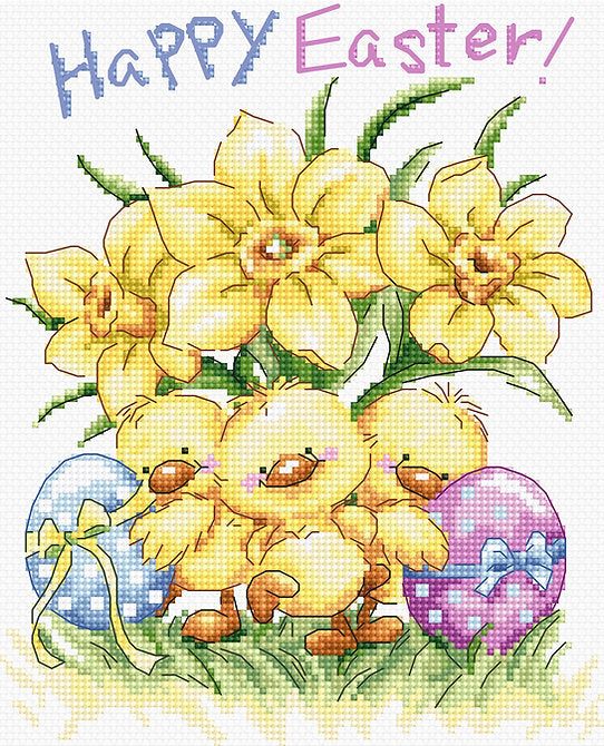 Three Chicks with Daffodils Counted Cross Stitch Kit featuring vibrant colors and detailed design.