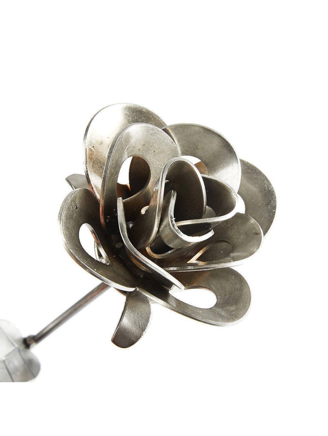 Three handcrafted welded steel roses made from recycled materials, showcasing unique designs and a rustic finish.