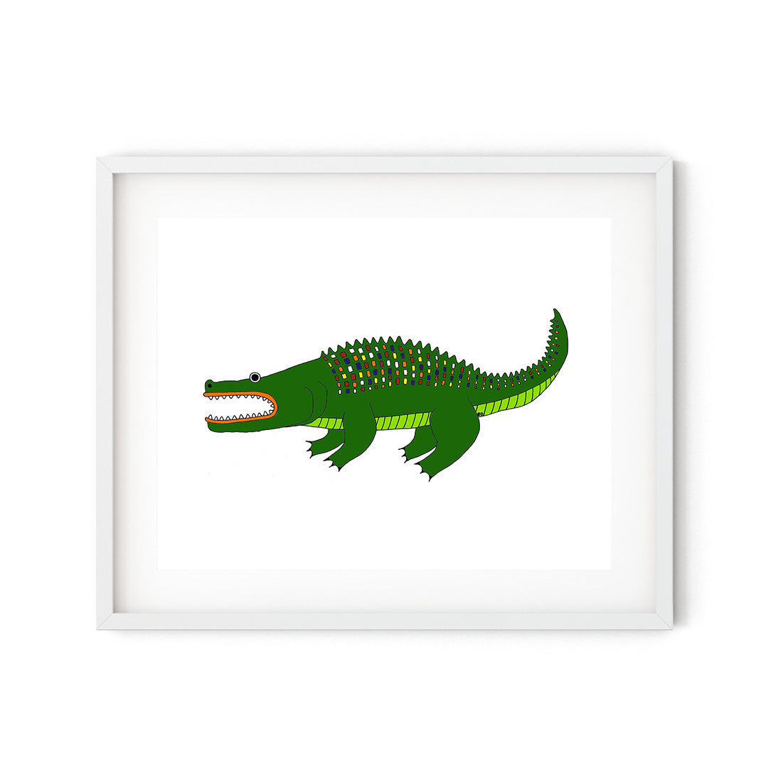 Colorful Tic Tac Alligator print featuring playful scales, ideal for home decor.