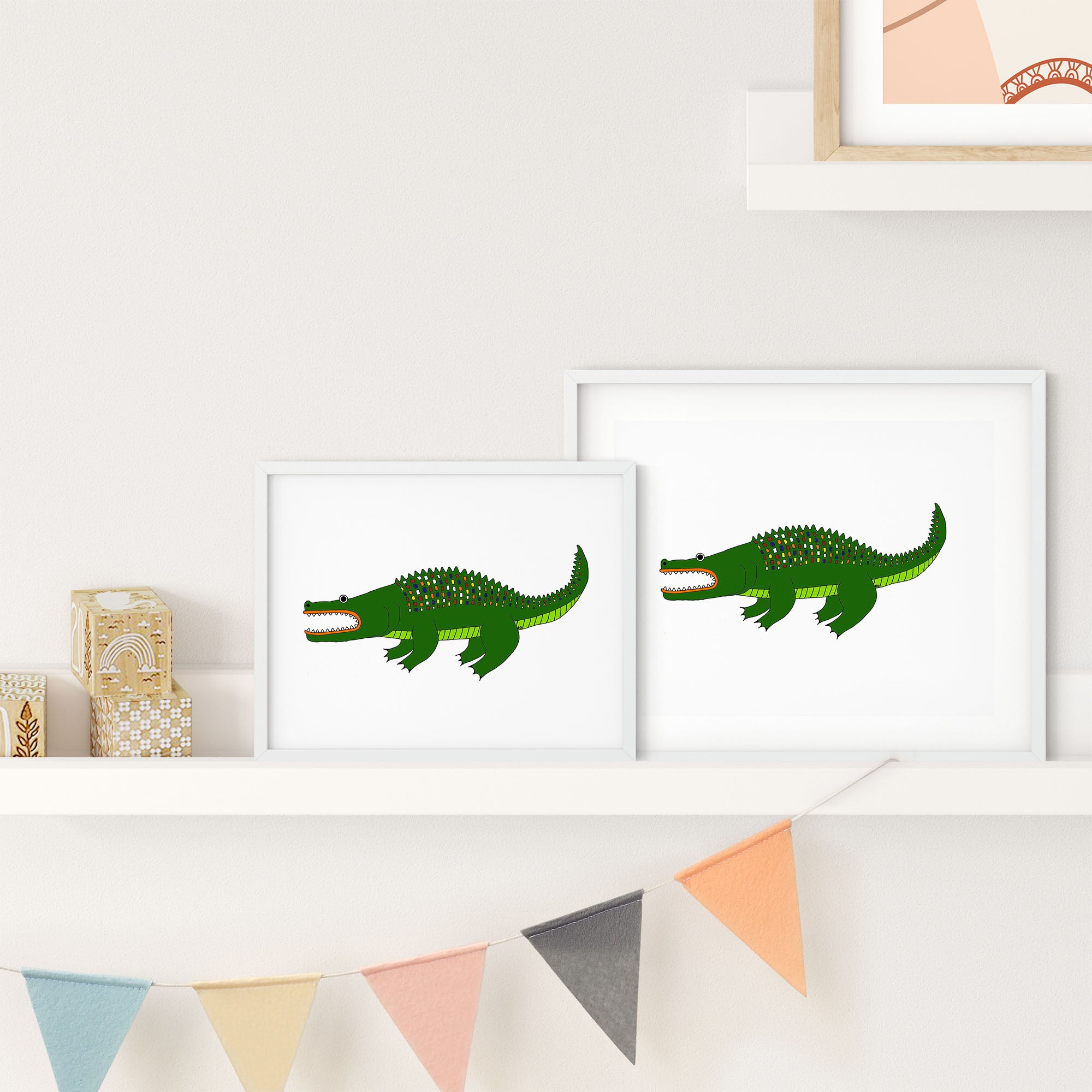 Colorful Tic Tac Alligator print featuring playful scales, ideal for home decor.