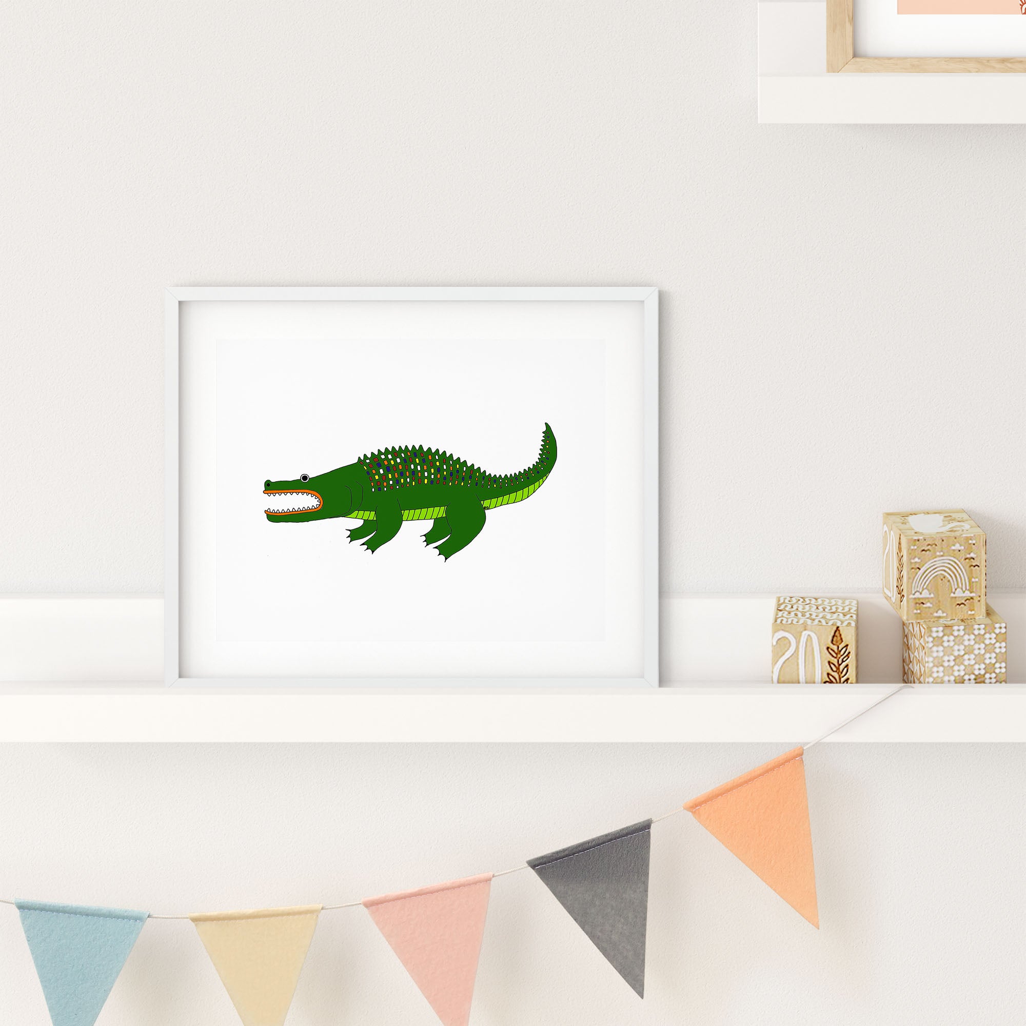 Colorful Tic Tac Alligator print featuring playful scales, ideal for home decor.