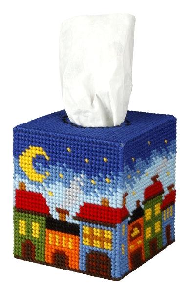 Needlepoint kit for a tissue box cover featuring a city skyline design at night with vibrant colors.