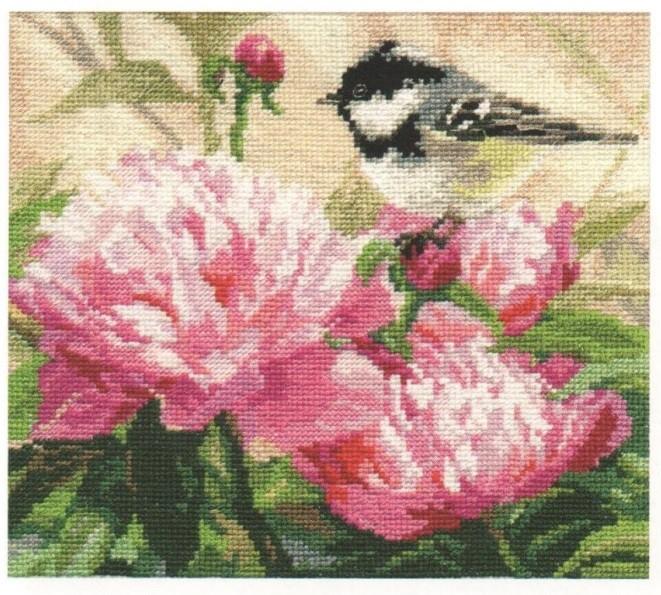 Titmouse and Peonies cross-stitch kit with threads, needle, and fabric.