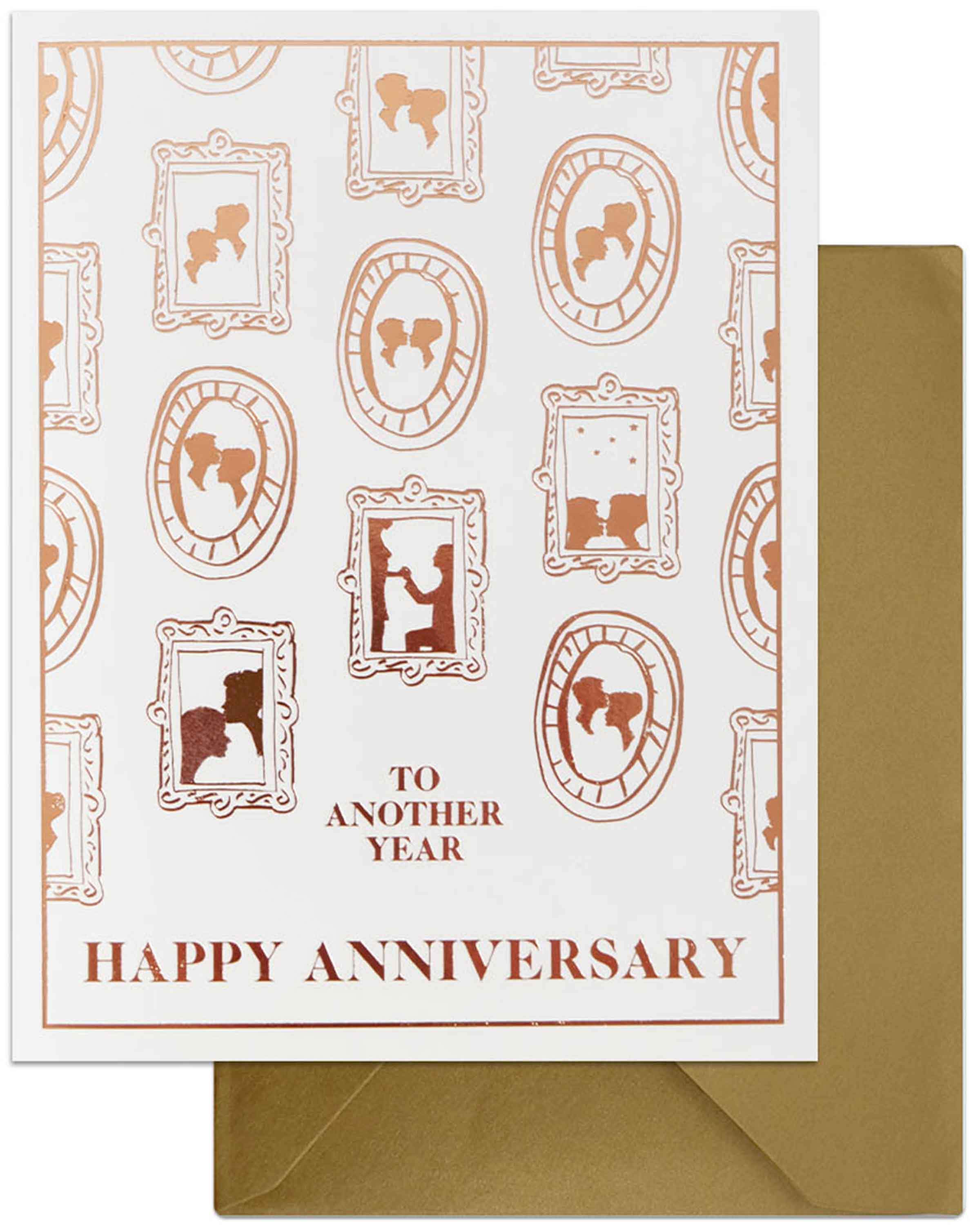 Elegant 'To Another Year' greeting card with copper foil accents and matching envelope, folded design with blank interior.