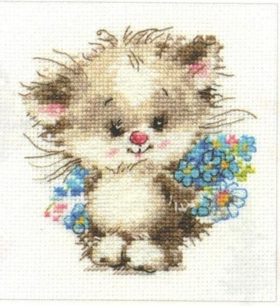 To my Favorite Cat Counted Cross-Stitch Kit with white aida fabric, colorful threads, and embroidery needle.