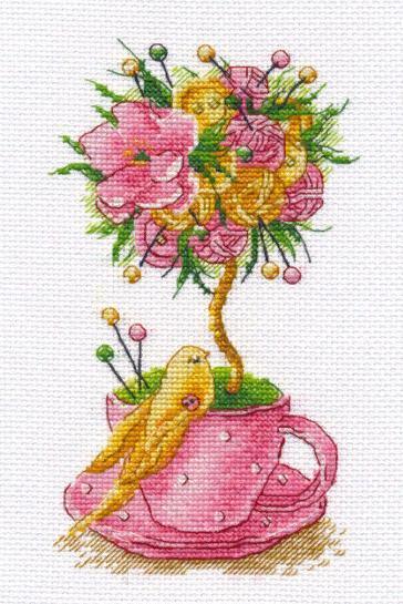 Topiary 1162 Counted Cross Stitch Kit with Aida canvas, colorful threads, and needle, showcasing vibrant stitching materials.