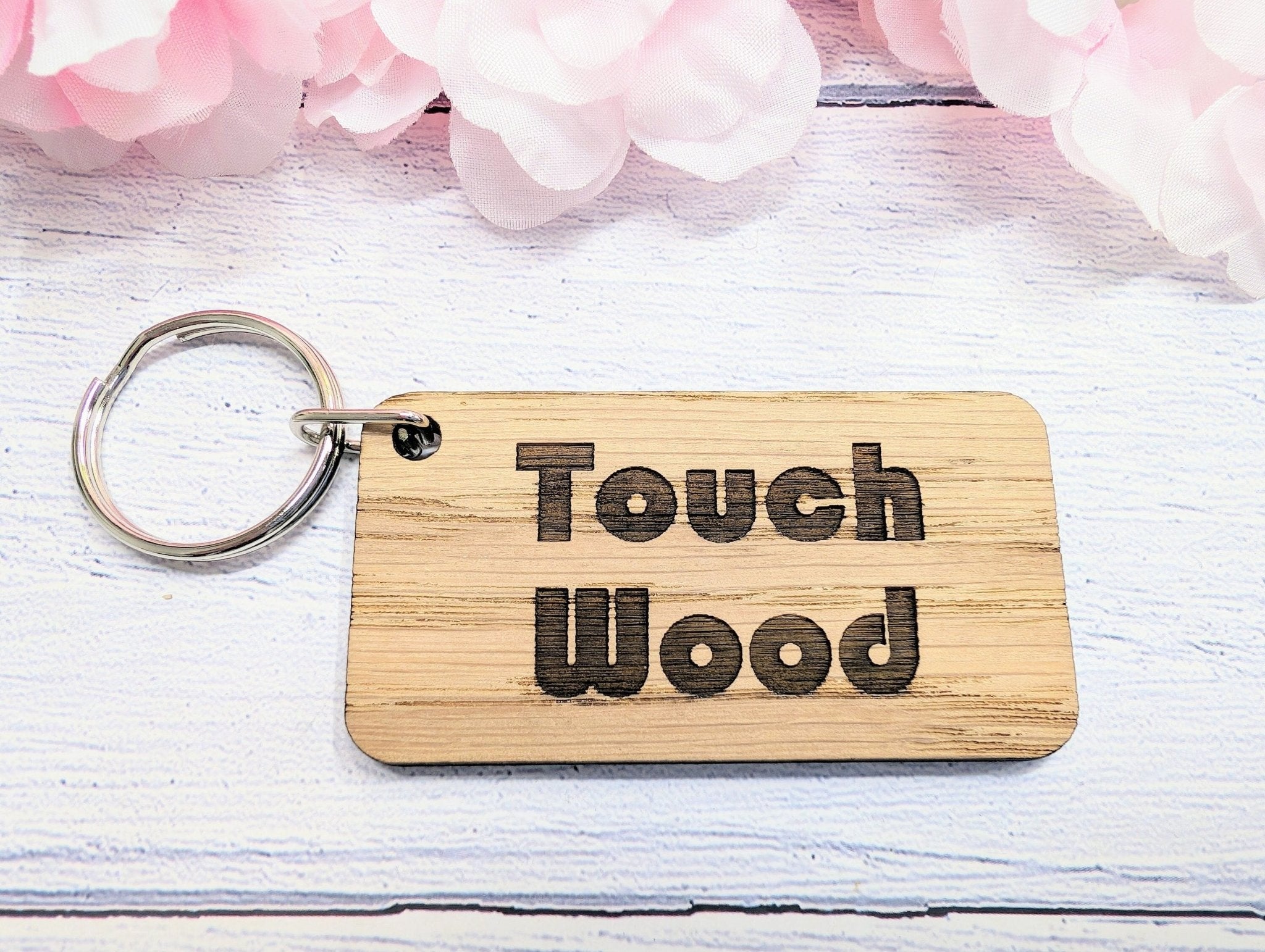 Touch Wood Oak Veneer Keyring, 65x35mm, eco-friendly superstition gift, handcrafted in Wales.