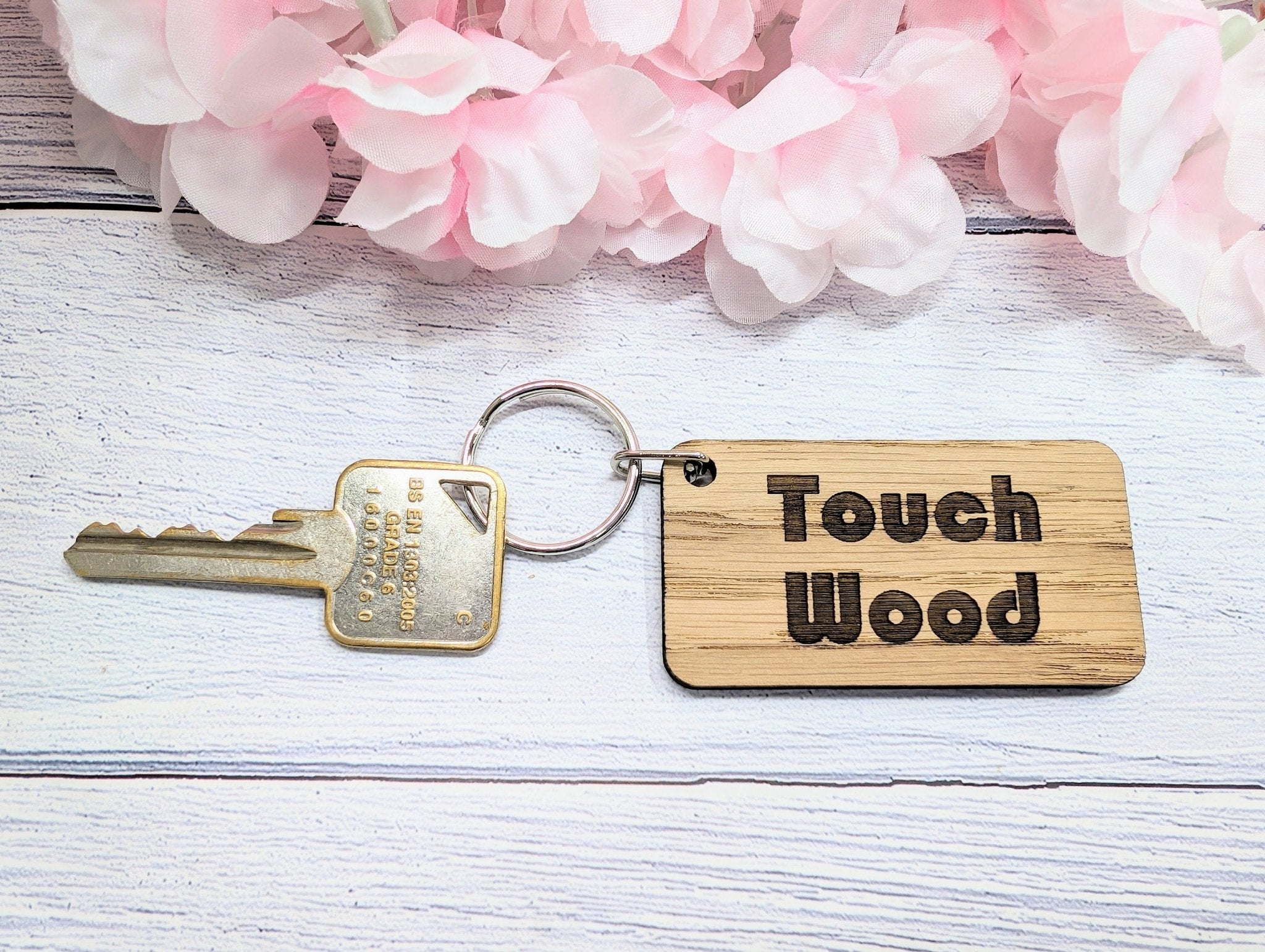 Touch Wood Oak Veneer Keyring, 65x35mm, eco-friendly superstition gift, handcrafted in Wales.