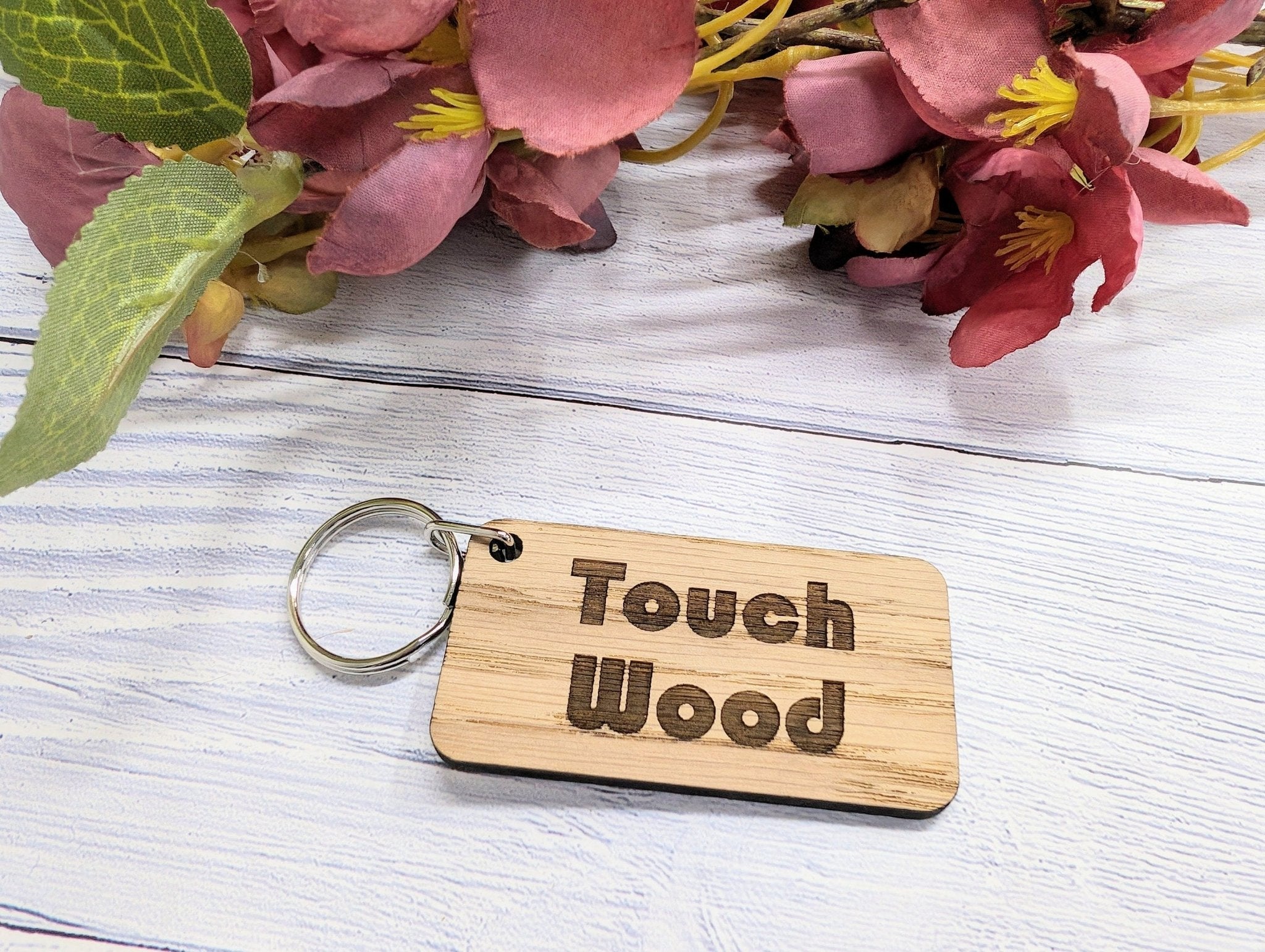 Touch Wood Oak Veneer Keyring, 65x35mm, eco-friendly superstition gift, handcrafted in Wales.