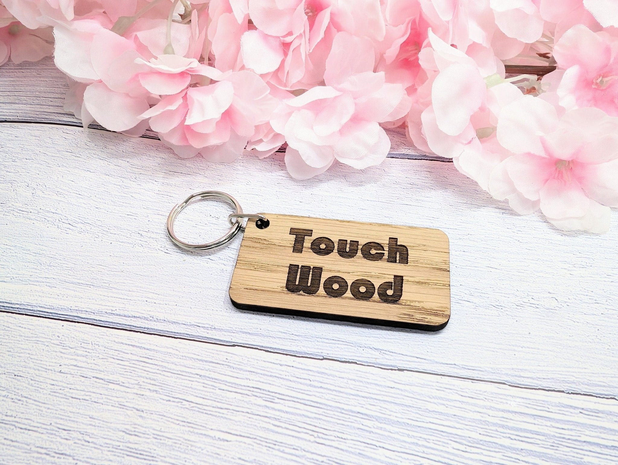 Touch Wood Oak Veneer Keyring, 65x35mm, eco-friendly superstition gift, handcrafted in Wales.