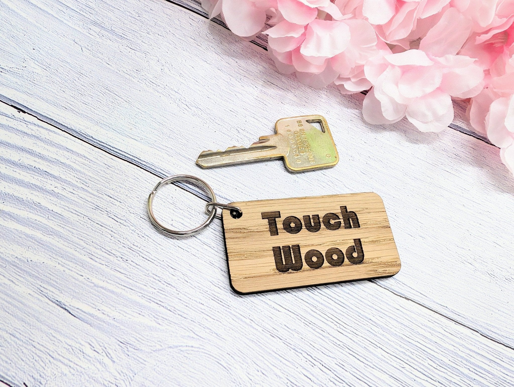 Touch Wood Oak Veneer Keyring, 65x35mm, eco-friendly superstition gift, handcrafted in Wales.