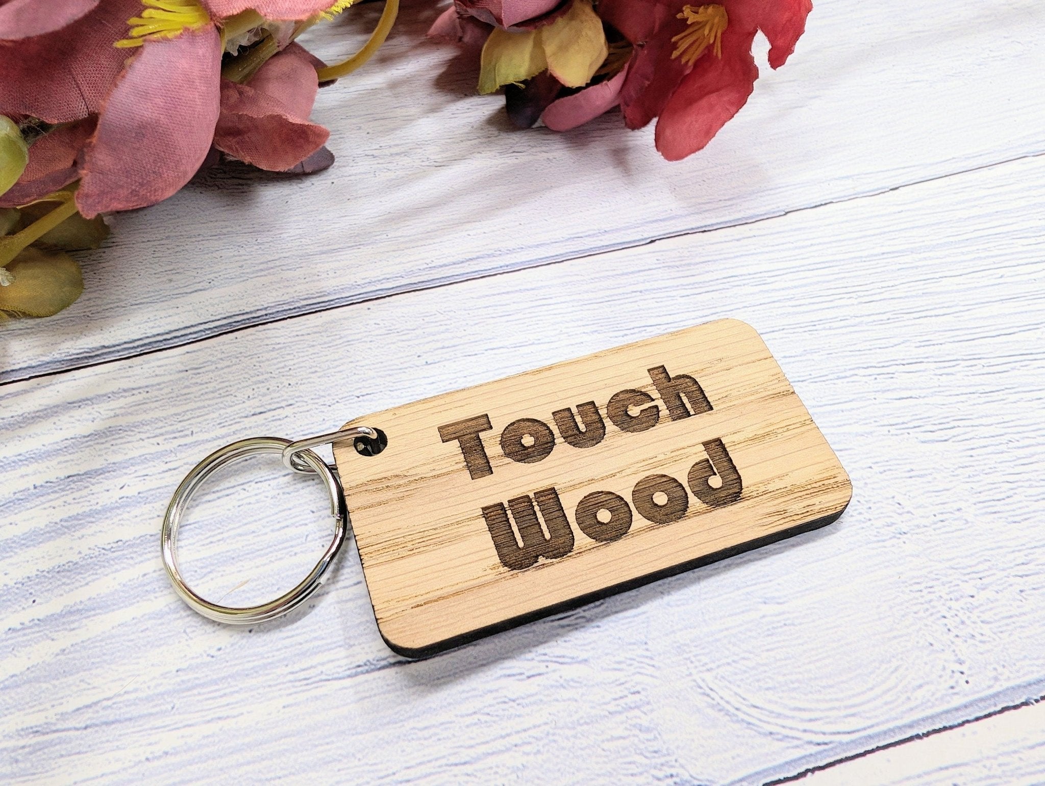 Touch Wood Oak Veneer Keyring, 65x35mm, eco-friendly superstition gift, handcrafted in Wales.