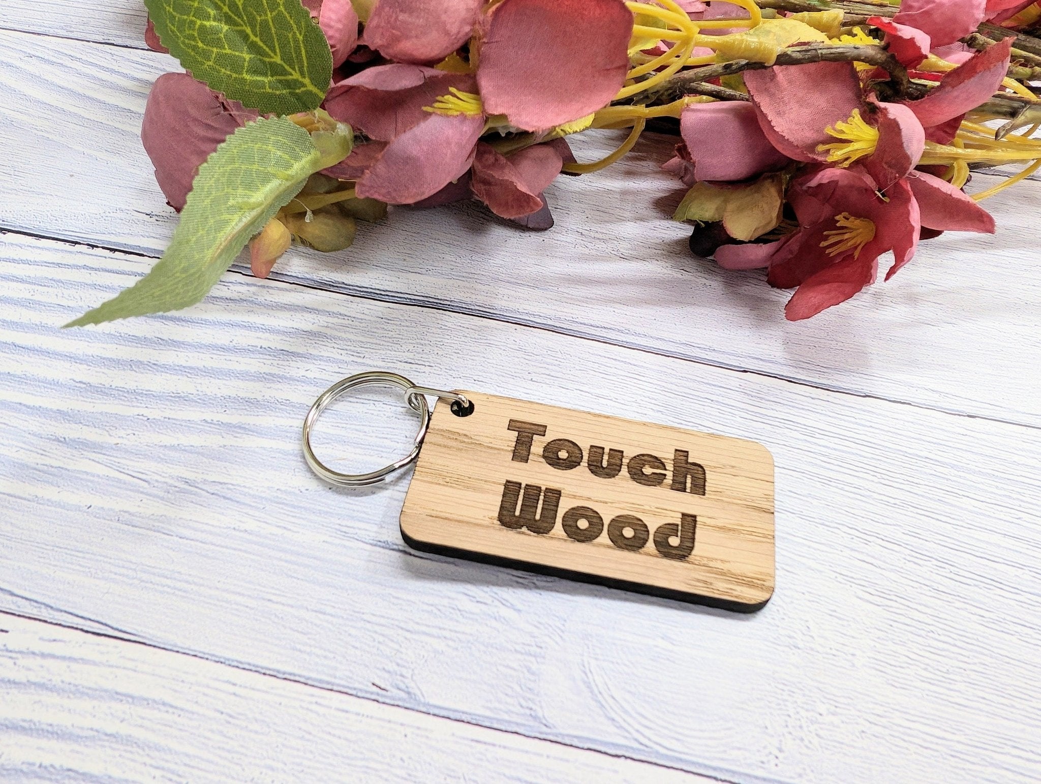 Touch Wood Oak Veneer Keyring, 65x35mm, eco-friendly superstition gift, handcrafted in Wales.