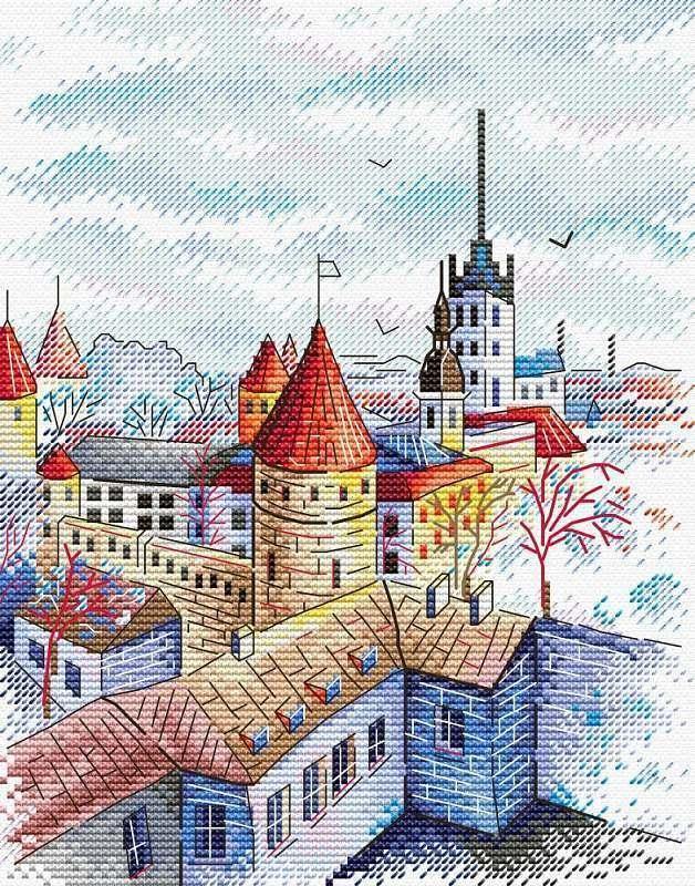 Towers M-524 / SM-524 Counted Cross Stitch Kit with AIDA canvas, cotton threads, and instructions in multiple languages.