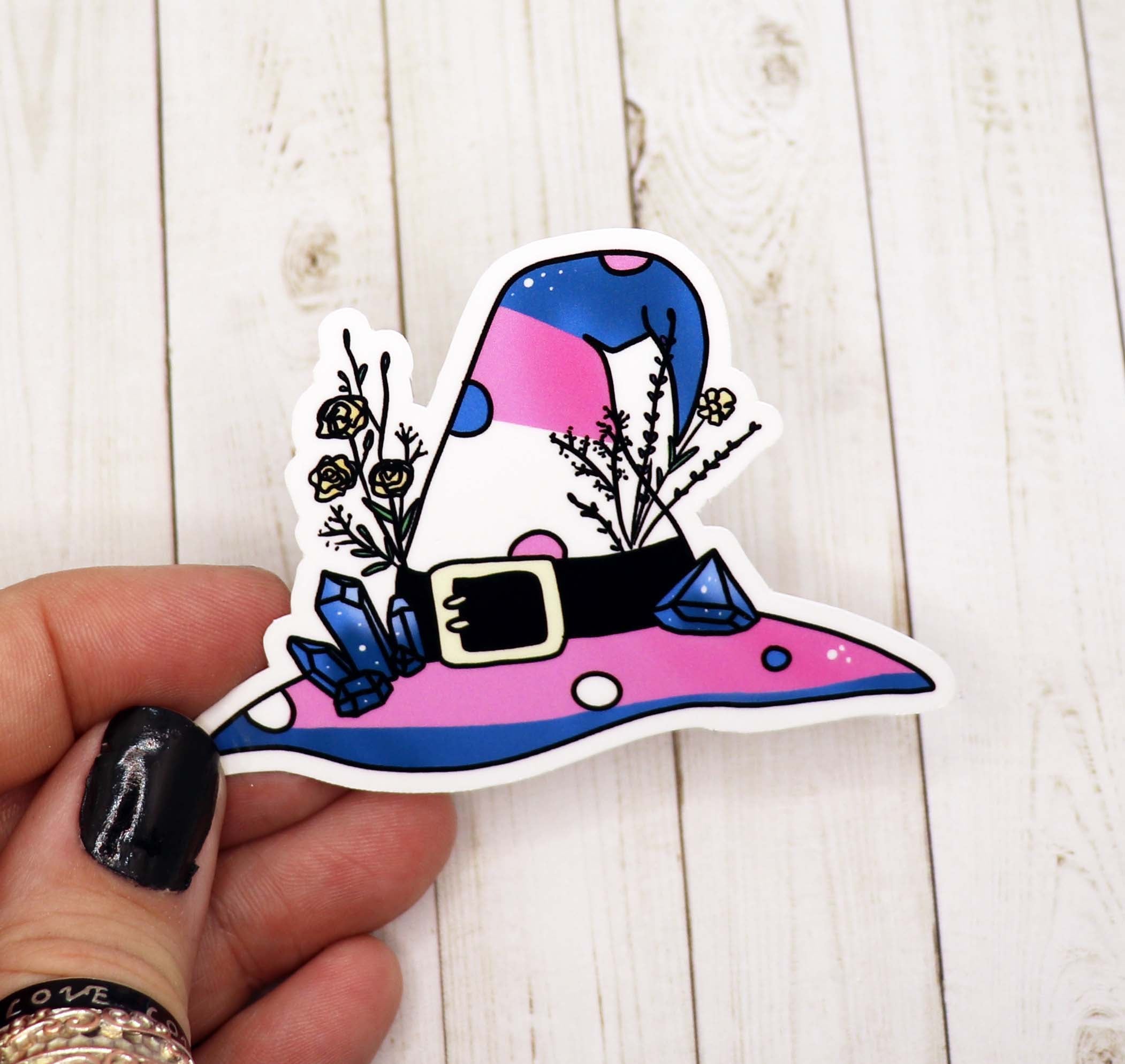 Transgender Pride Witch Hat Sticker featuring vibrant colors and a unique design, perfect for personal expression.