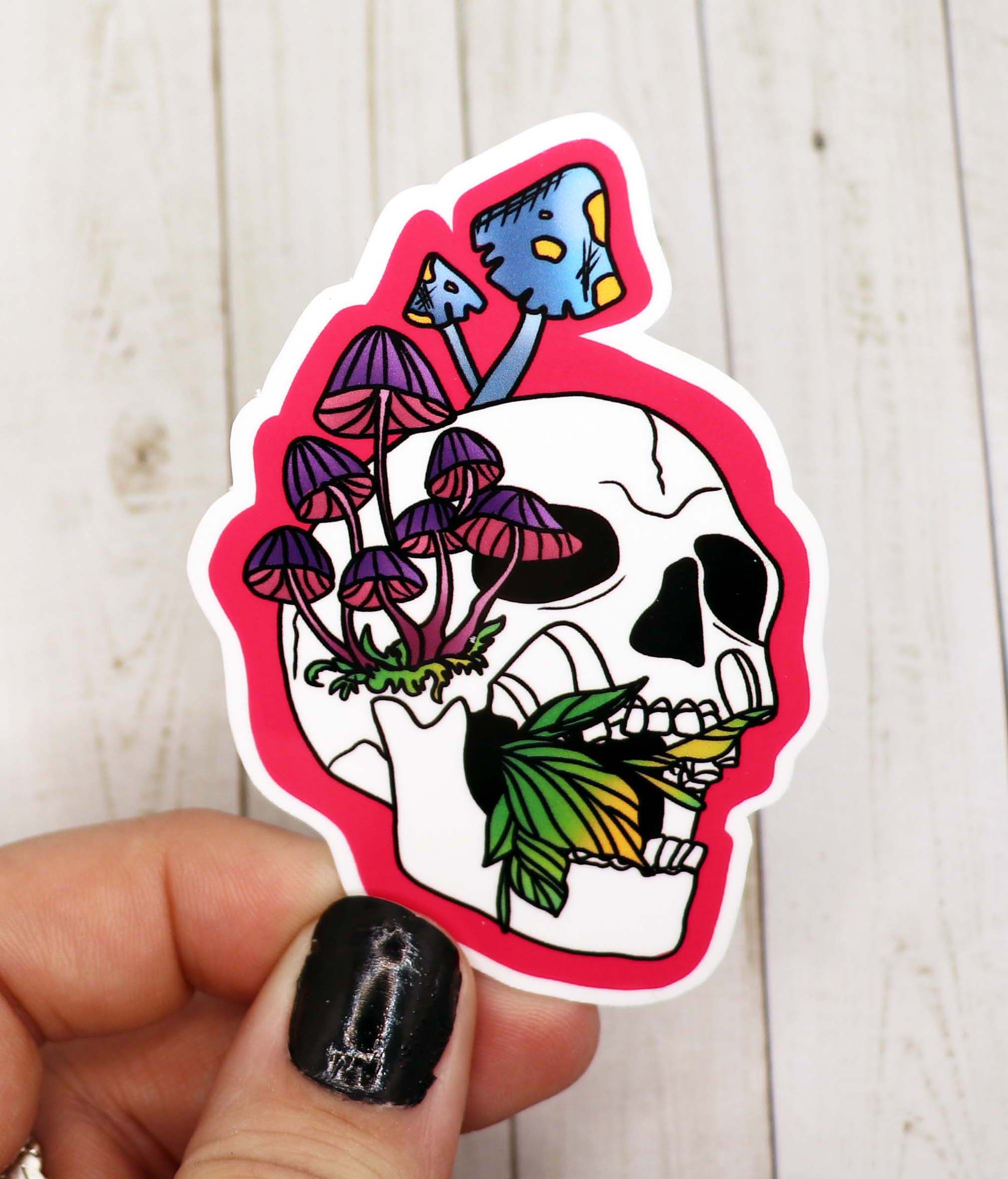 Trippy Skull and Mushroom Sticker featuring vibrant colors and intricate design on matte vinyl.