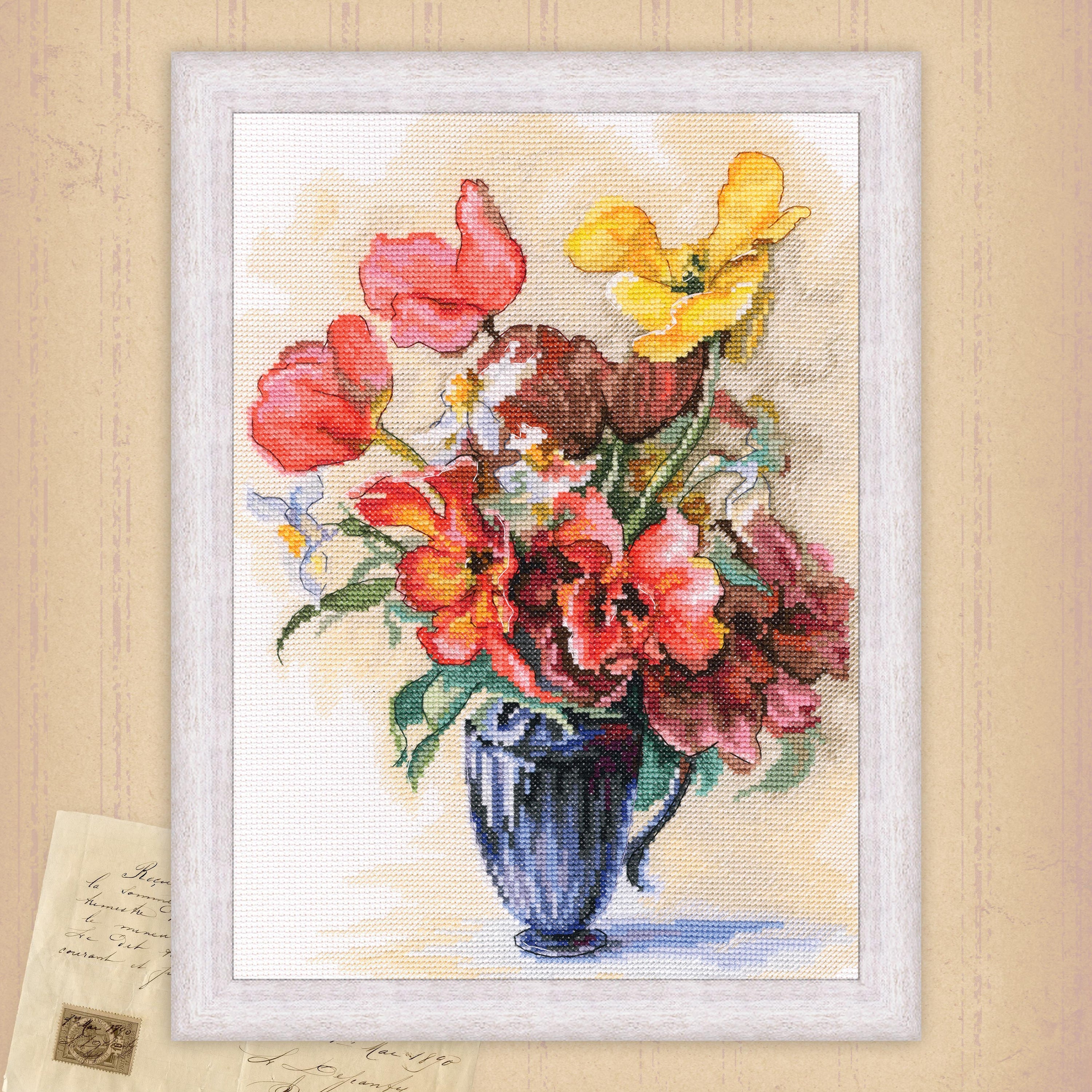 Tulips and daffodils counted cross stitch kit with Aida fabric, DMC threads, and needle.