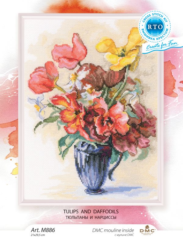 Tulips and daffodils counted cross stitch kit with Aida fabric, DMC threads, and needle.