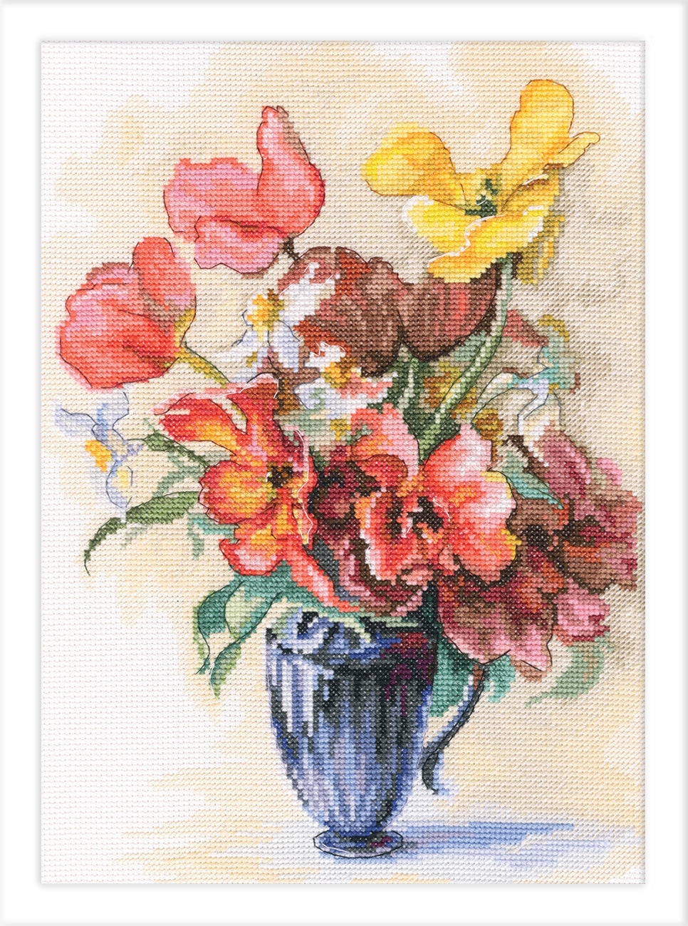 Tulips and daffodils counted cross stitch kit with Aida fabric, DMC threads, and needle.