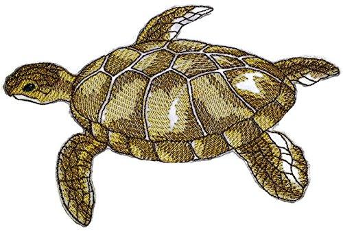 Turtle embroidered iron on or sew patch measuring 6 inches by 4.5 inches, featuring vibrant colors and intricate stitching.