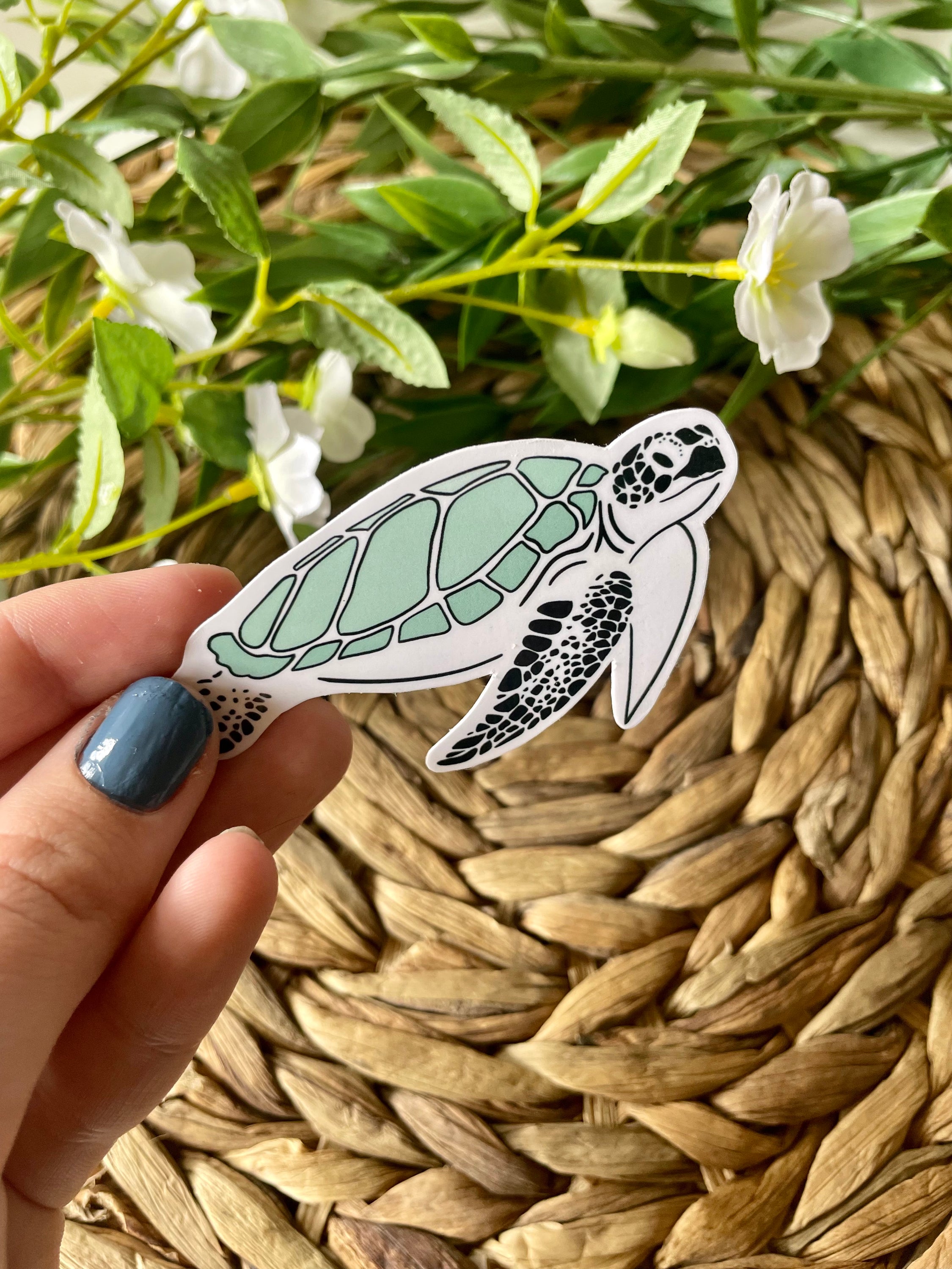 A cute turtle sticker designed for customization, featuring vibrant colors and a waterproof finish, perfect for laptops and water bottles.