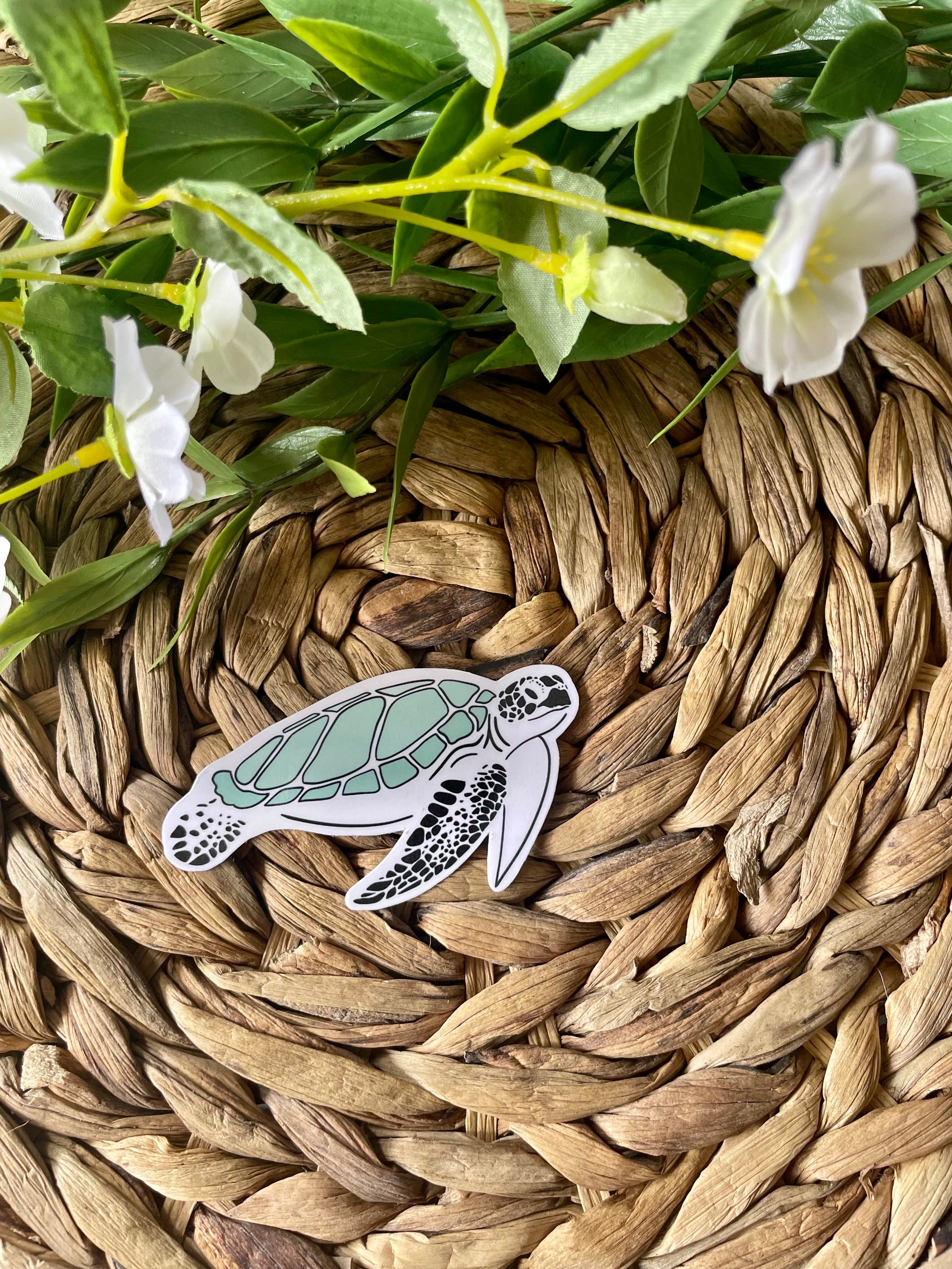 A cute turtle sticker designed for customization, featuring vibrant colors and a waterproof finish, perfect for laptops and water bottles.