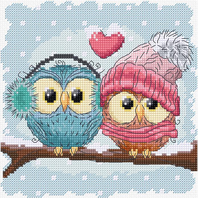 Two Cute Owls Counted Cross-Stitch Kit featuring vibrant colors and Aida canvas.