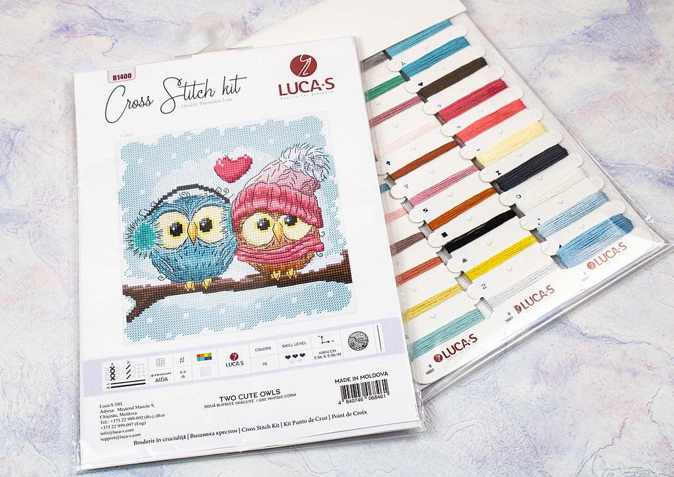 Two Cute Owls Counted Cross-Stitch Kit featuring vibrant colors and Aida canvas.