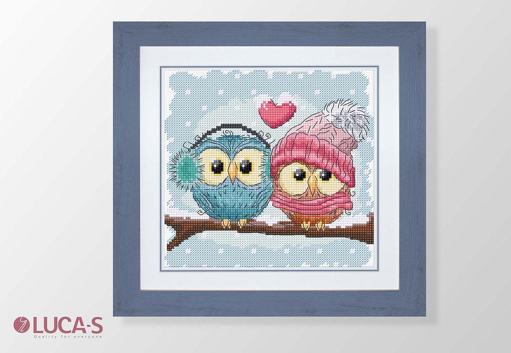 Two Cute Owls Counted Cross-Stitch Kit featuring vibrant colors and Aida canvas.