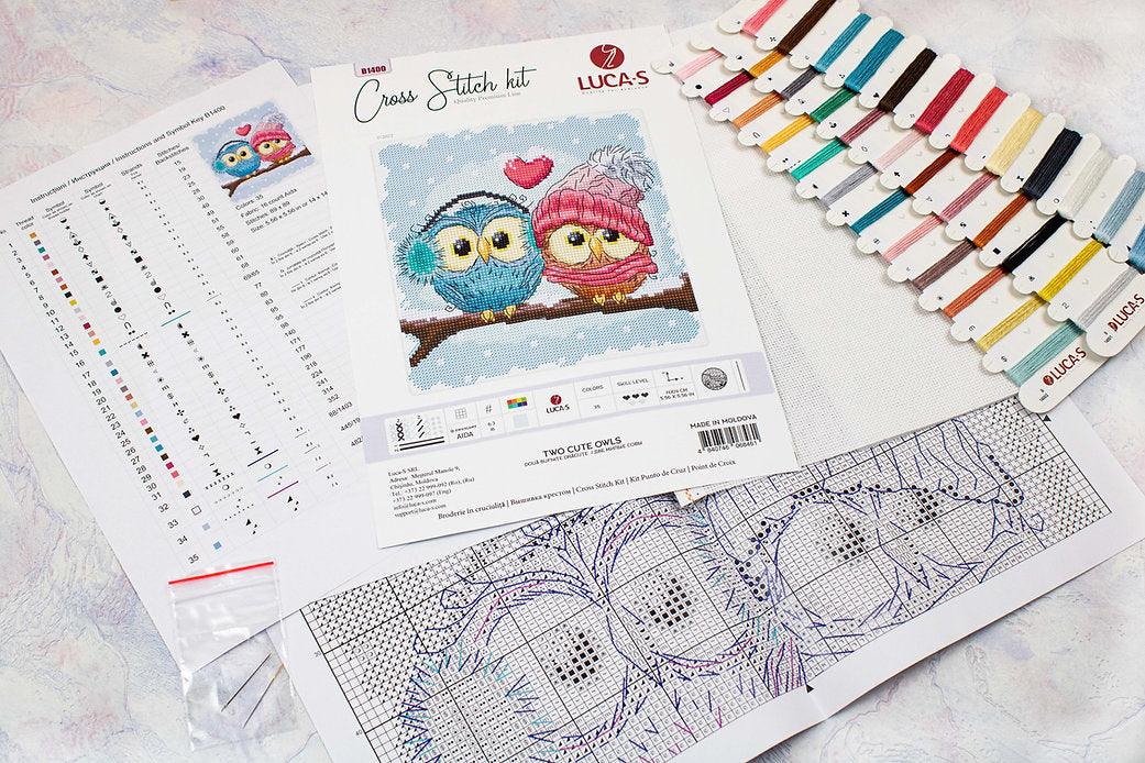 Two Cute Owls Counted Cross-Stitch Kit featuring vibrant colors and Aida canvas.