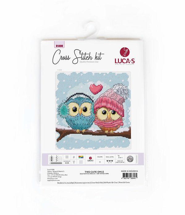 Two Cute Owls Counted Cross-Stitch Kit featuring vibrant colors and Aida canvas.