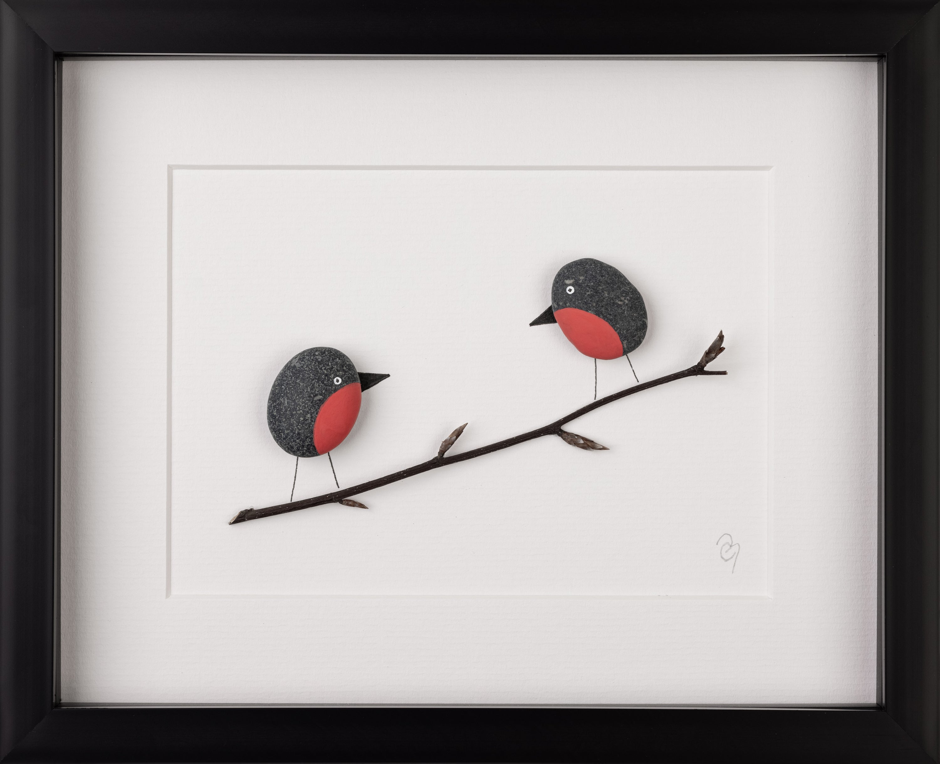 A beautifully framed artwork featuring two little robins, showcasing their vibrant colors and intricate details, perfect for nature lovers.