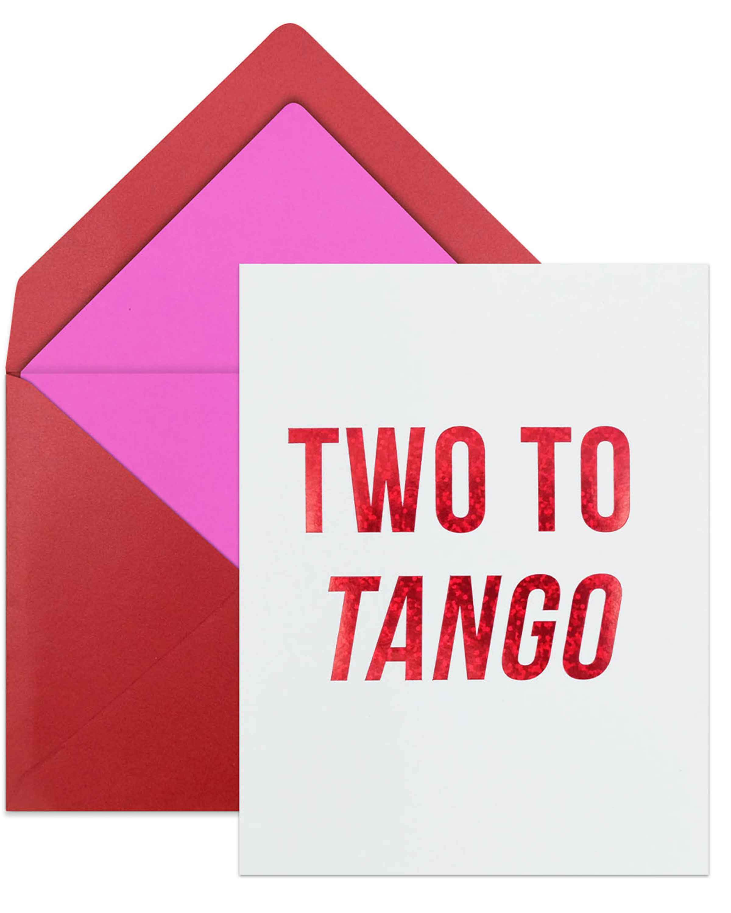 Stylish 'Two To Tango' greeting card with red glitter foil accents and lined envelope, perfect for celebrating friendship.