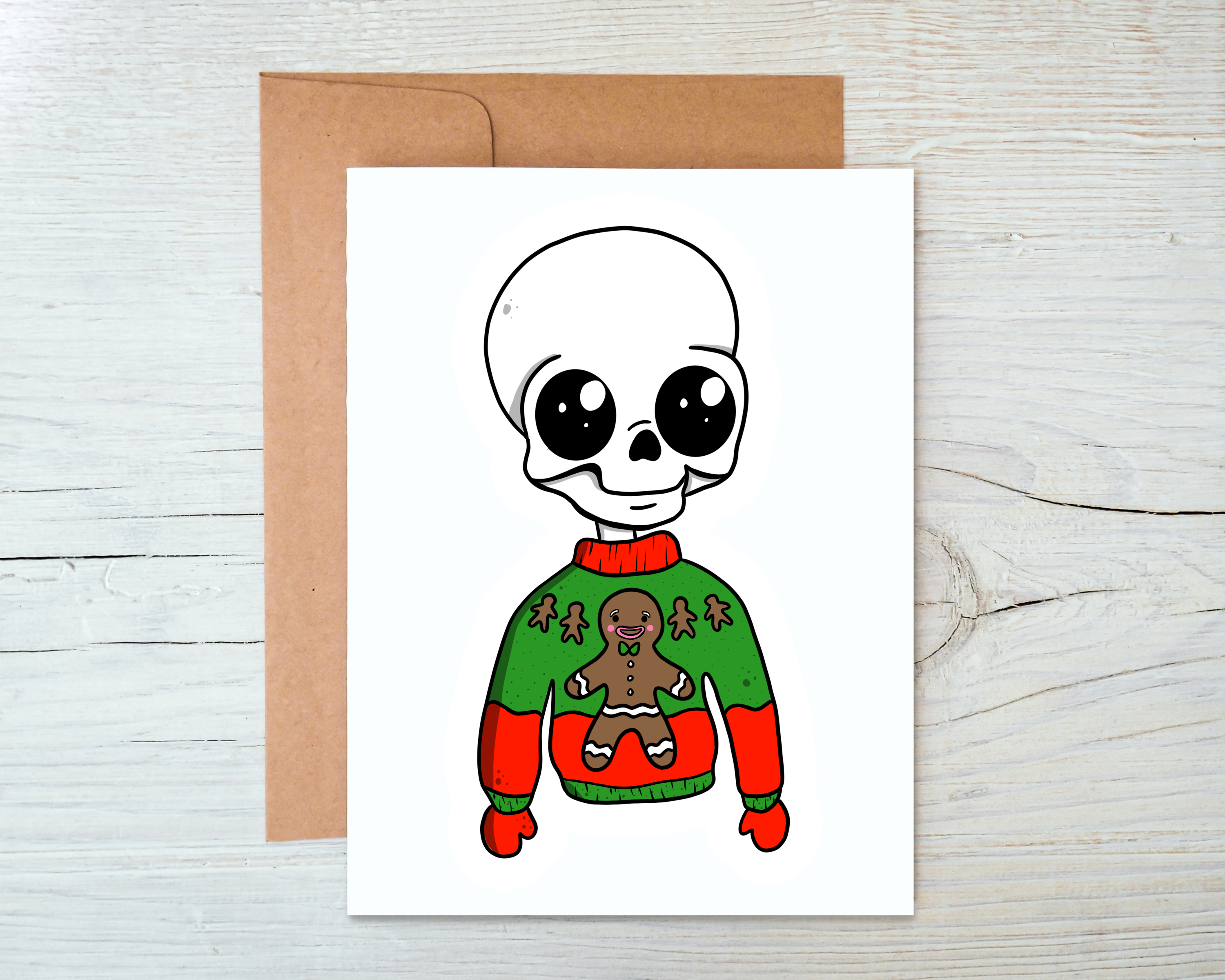 Ugly Christmas Sweater Skeleton card with a blank interior and kraft envelope, featuring a whimsical skeleton design.