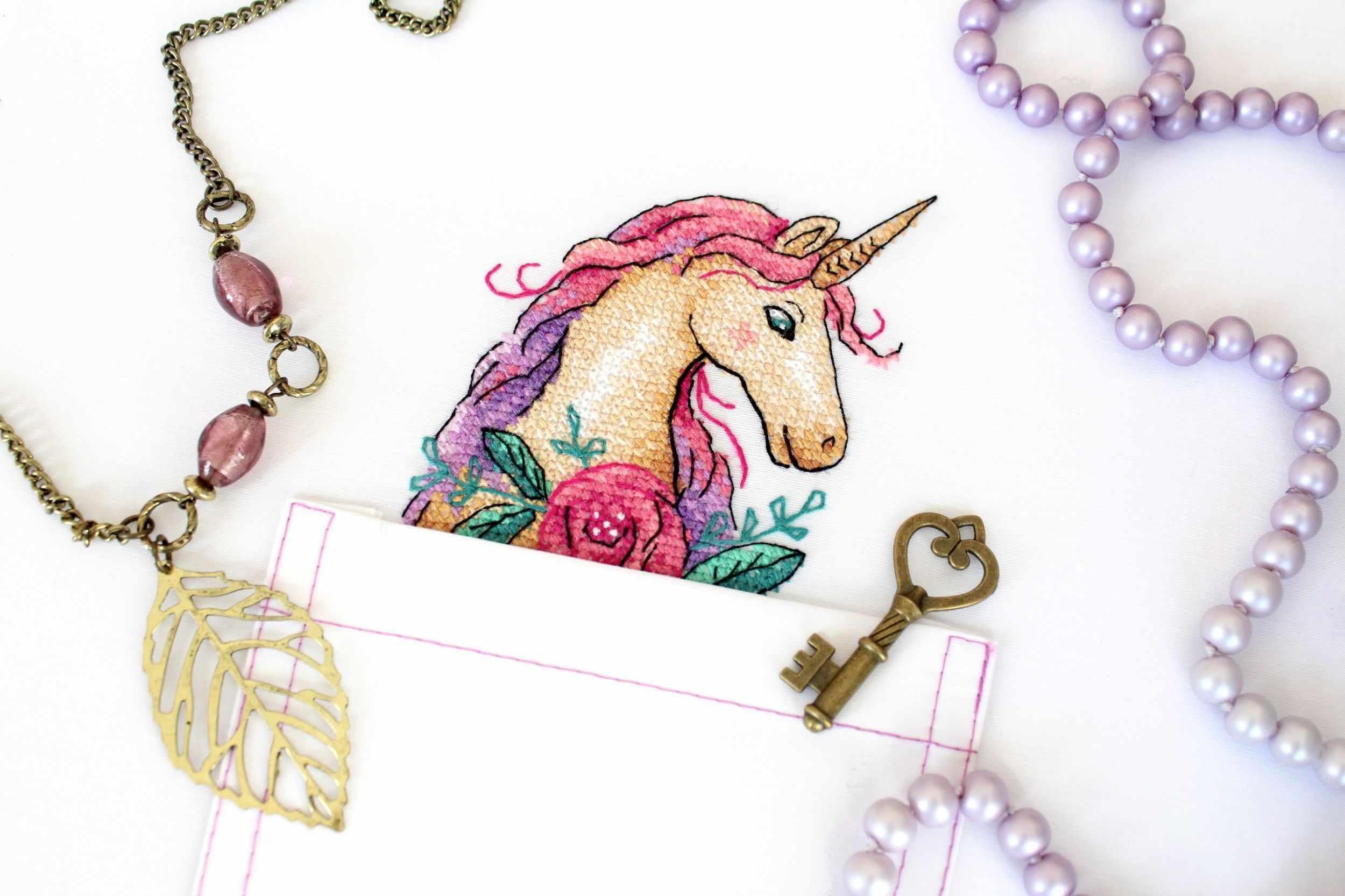 Unicorn cross stitch kit featuring colorful threads and water soluble canvas, perfect for crafting enthusiasts.