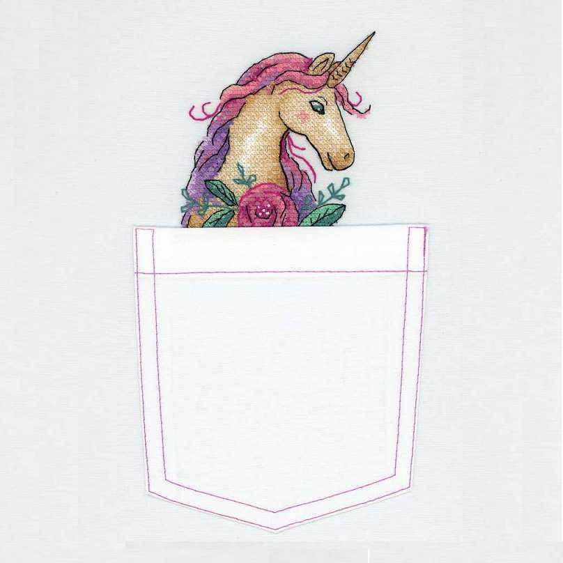 Unicorn cross stitch kit featuring colorful threads and water soluble canvas, perfect for crafting enthusiasts.