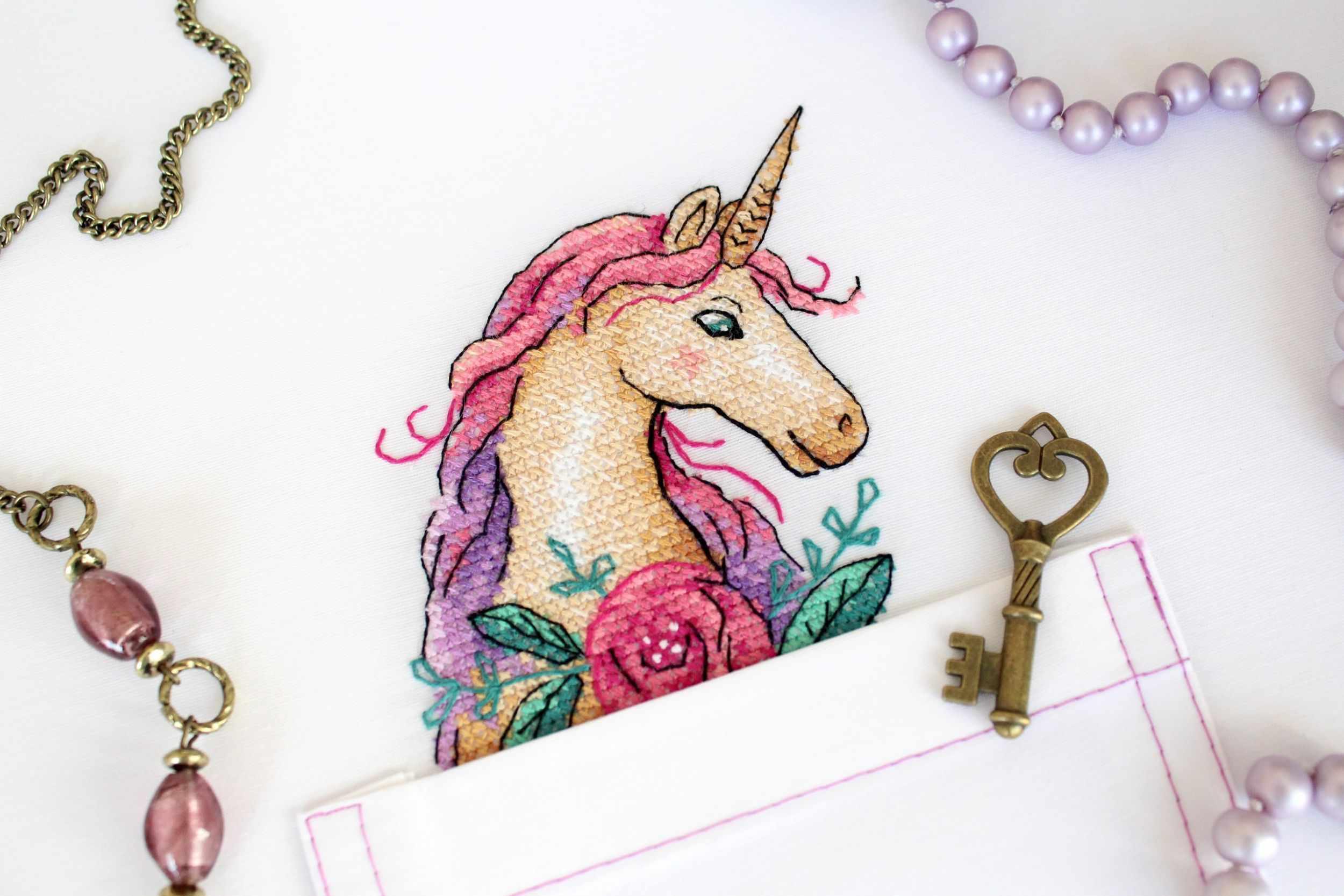 Unicorn cross stitch kit featuring colorful threads and water soluble canvas, perfect for crafting enthusiasts.