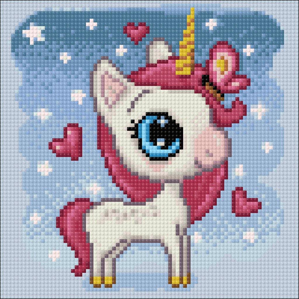 Unicorn in Love Crafting Spark Diamond kit featuring a colorful design, tools, and acrylic diamonds for crafting.