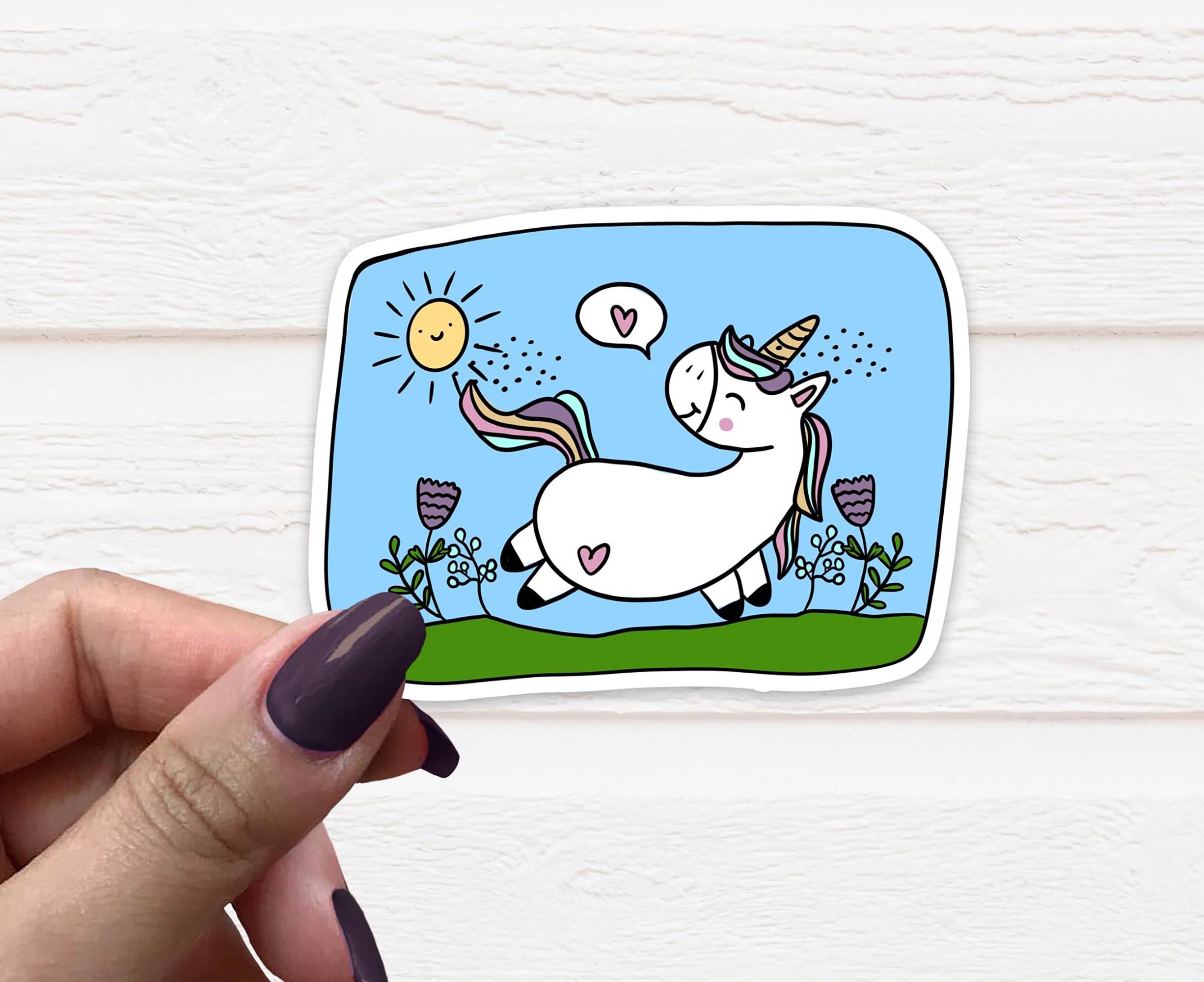 A vibrant 3-inch unicorn sticker on matte vinyl, showcasing a whimsical design perfect for personalizing various items.