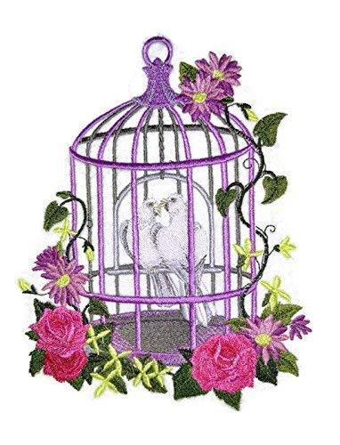 Victorian Birdcage with Doves embroidered patch, showcasing intricate details and vibrant colors on a cotton base.