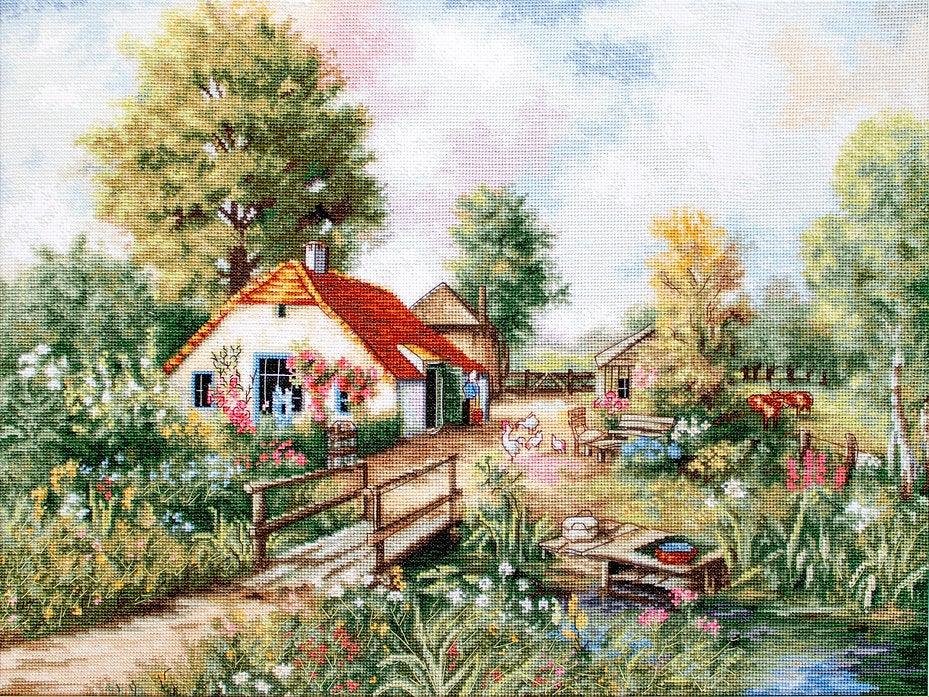 Village landscape counted cross-stitch kit featuring a house, creek, geese, and cows with vibrant colors and detailed design.