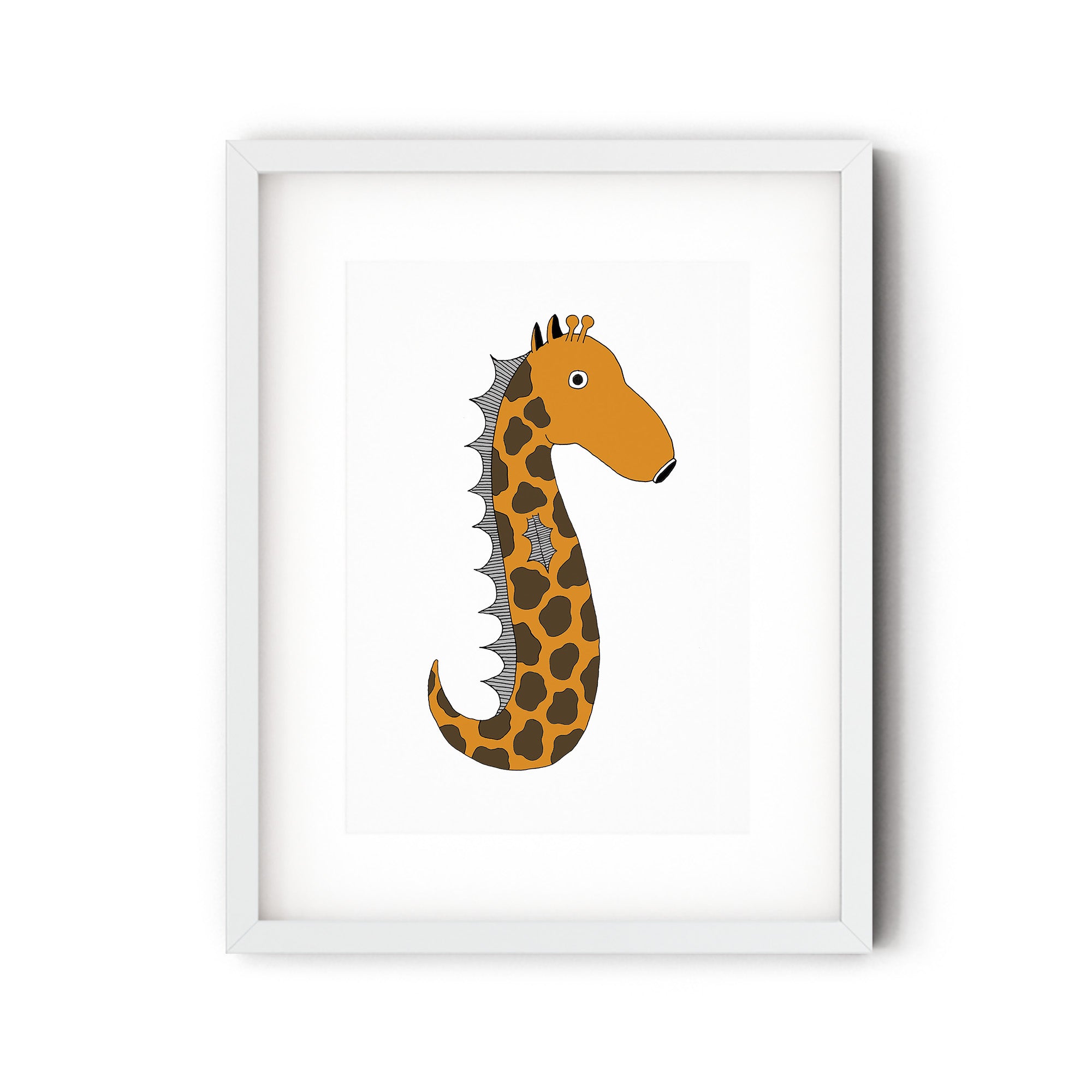 Vinny the Sea Giraffe print featuring a whimsical illustration of a giraffe in a playful sea setting, vibrant colors.