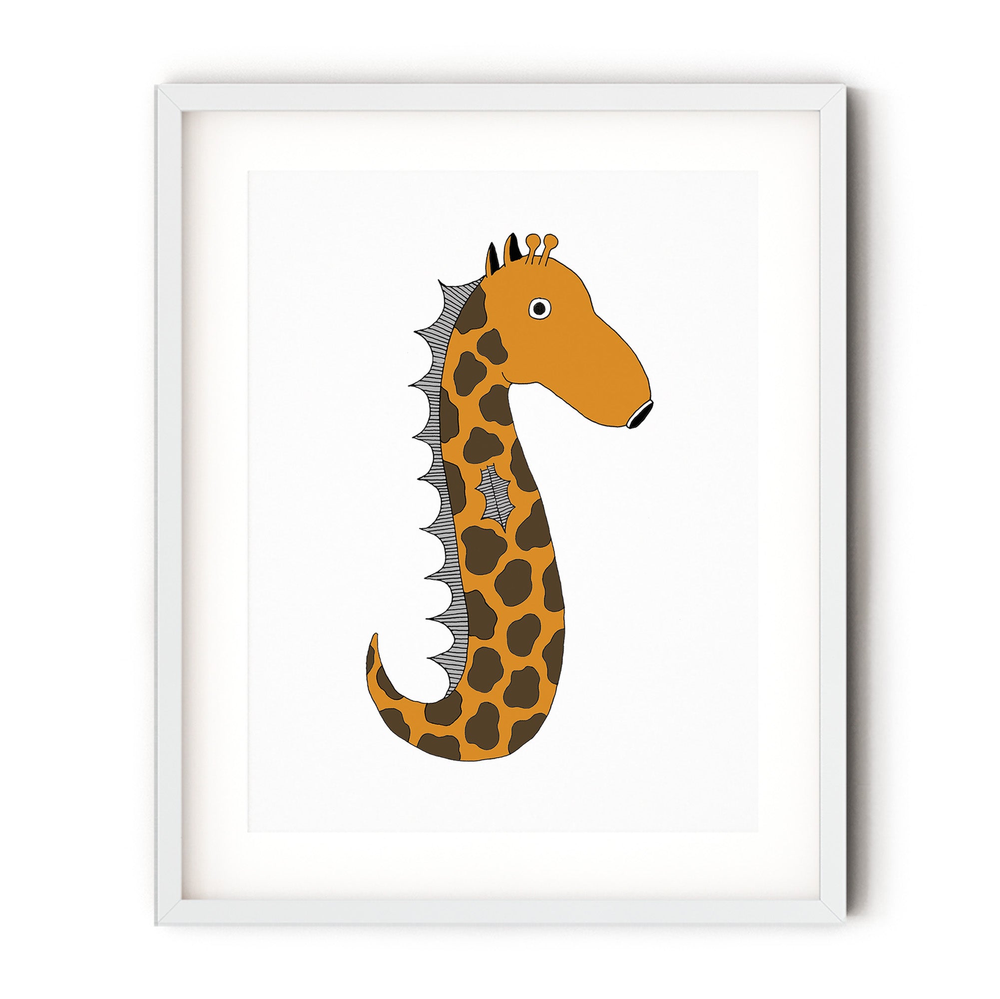 Vinny the Sea Giraffe print featuring a whimsical illustration of a giraffe in a playful sea setting, vibrant colors.