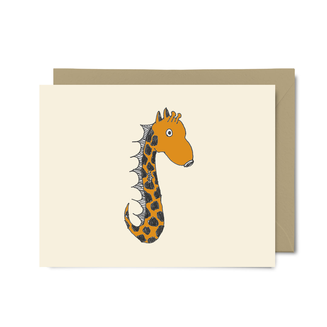 Vinny the Seahorse Giraffe notecard set featuring a whimsical illustration on the front, with matching envelopes in various colors.