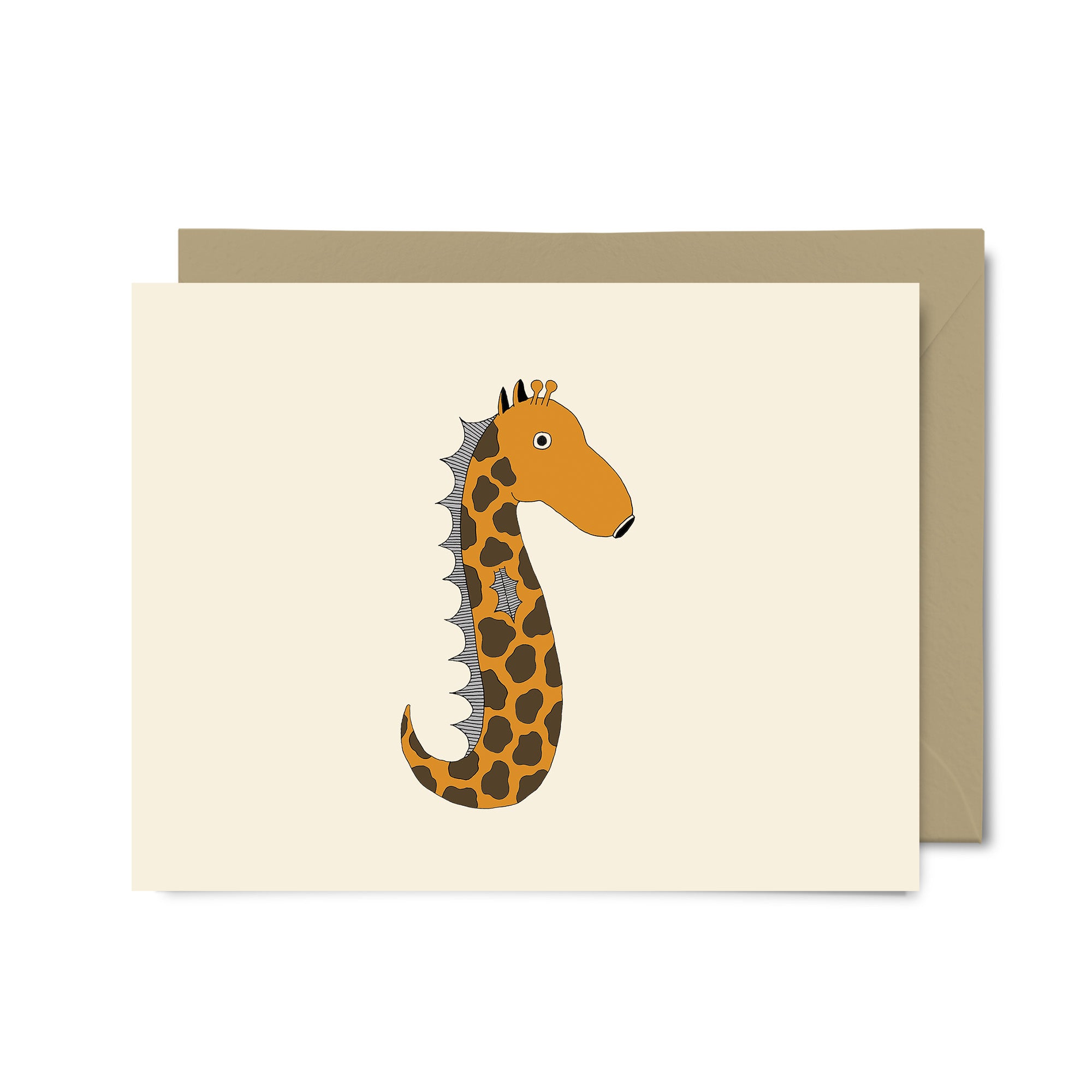 Vinny the Seahorse Giraffe notecard set featuring a whimsical illustration on the front, with matching envelopes in various colors.