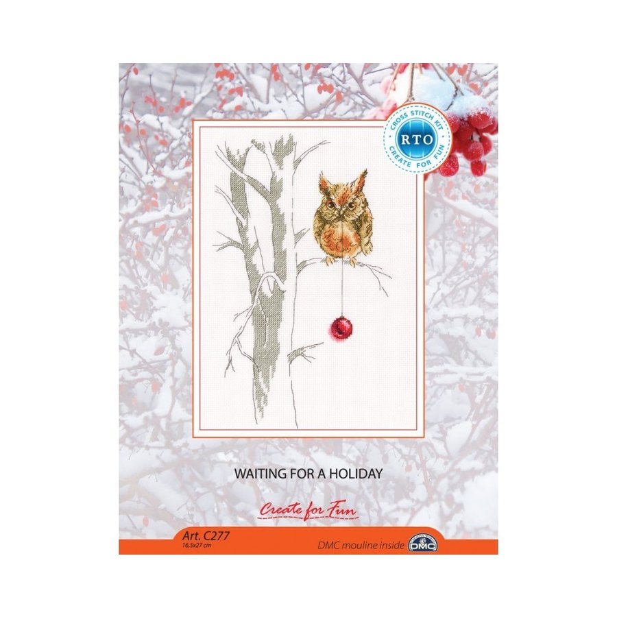 Waiting for a Holiday C277 Counted Cross Stitch Kit featuring Aida canvas, DMC threads, and included accessories.