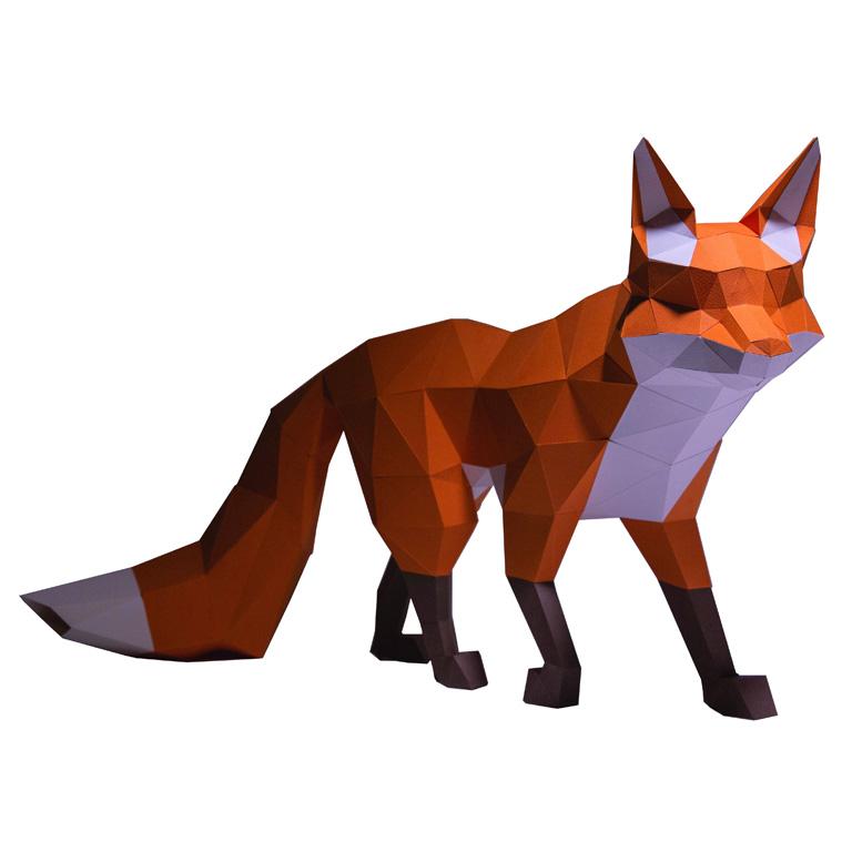 A detailed 3D paper fox figurine, designed to look playful and ready for adventure, perfect for home or office decor.