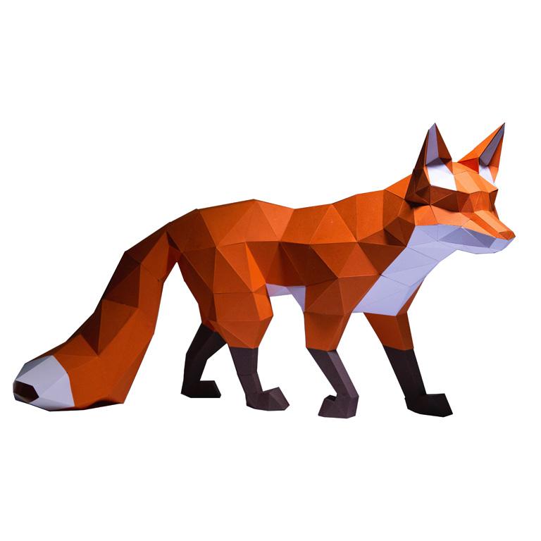 A detailed 3D paper fox figurine, designed to look playful and ready for adventure, perfect for home or office decor.